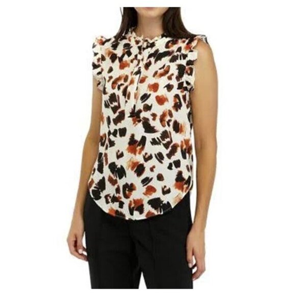 Dkny Printed Ruffle Neck Short Sleeve Top - Picture 1 of 12